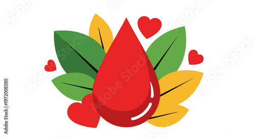 Blood Donation Nature Care Concept with Red Blood Drop Hearts and Green Leaves Illustration