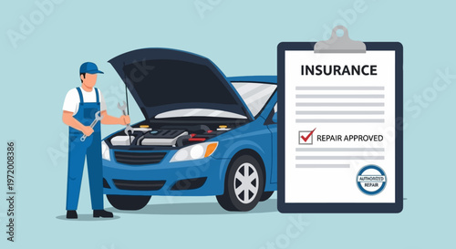 Auto Repair Insurance Approval Concept with Mechanic, Damaged Car and Authorized Service Document
