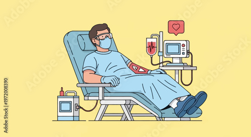 Patient Donating Blood in Medical Chair with Monitoring Equipment and IV Bag Illustration
