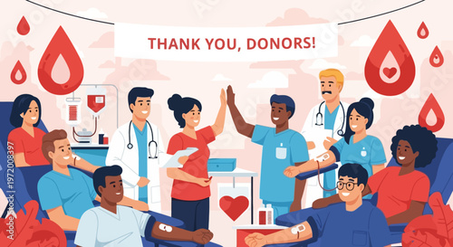 Blood Donation Appreciation Event with Donors Doctors and Nurses Celebrating Life Saving Support Illustration