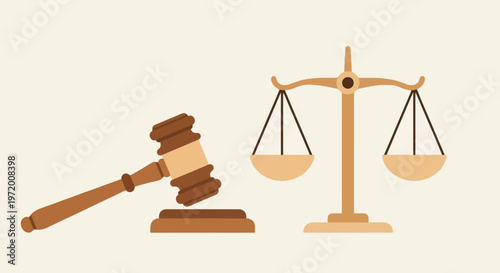Justice and Law Symbols with Wooden Gavel and Balance Scale Illustration