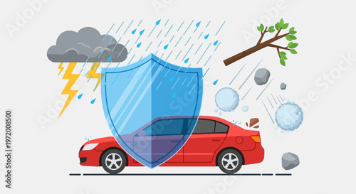 Car Insurance Protection Against Storm Hail Falling Tree and Natural Disaster Damage Illustration