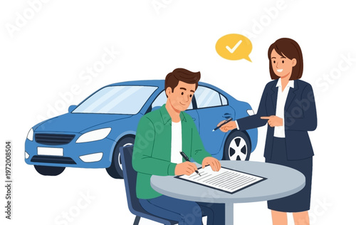 Man Signing Car Insurance Agreement with Female Agent and Blue Sedan Illustration