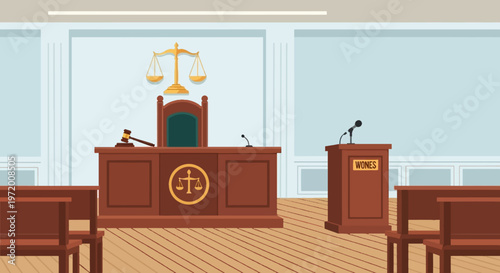 Empty Courtroom Interior with Judge Bench Witness Stand and Justice Symbols Illustration
