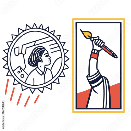 A woman artist looking up in a sun shaped frame, a hand holding a brush as a symbol of art and freedom, minimal line art illustration.
