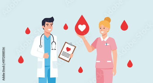Doctor and Nurse Promoting Blood Donation Care with Heart Blood Drop and Medical Checklist Illustration