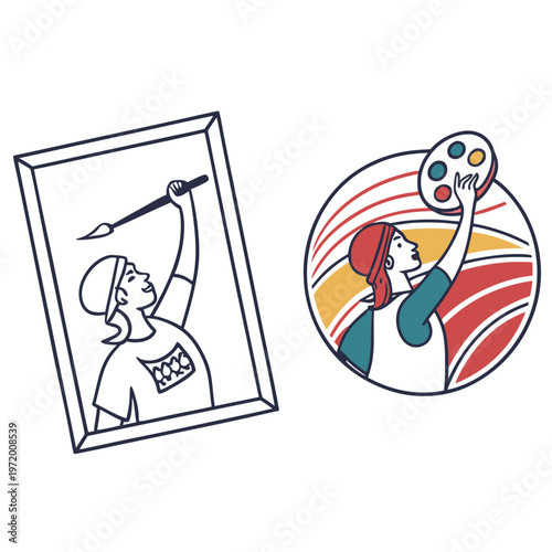 A person painting on a canvas in a frame, a person raising an art palette with brushes as a symbol of art, colorful line art illustration.