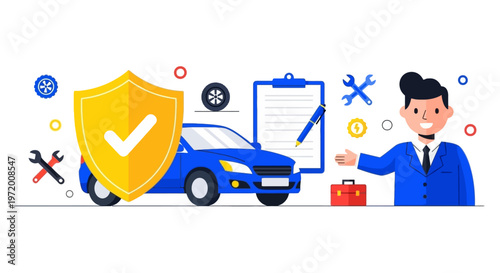 Car Insurance Protection and Repair Service Concept with Agent, Shield and Vehicle Illustration