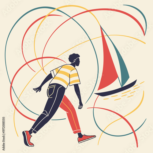 Man walking towards sailboat with colorful abstract lines background in flat vector style design representing summer travel leisure and ocean breeze.