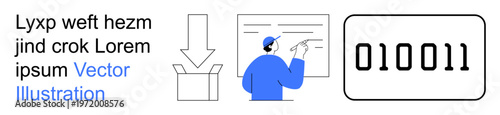 Educational designs, technology training, coding, binary data, learning systems, AI. Binary code, person explaining at a board and an open box icon. Coding and educational designs concept