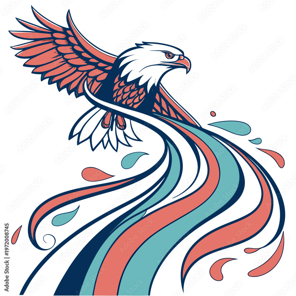 Fototapeta premium Majestic bald eagle in flight with outstretched wings, featuring a flowing stream of red, blue, and teal colors behind it.