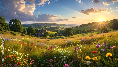A serene landscape with a vibrant field of wildflowers