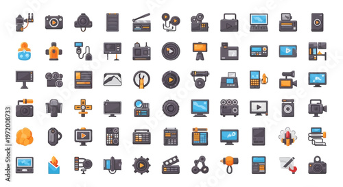Digital Media Production Icons Set: Technology, Editing, and Broadcasting Equipment