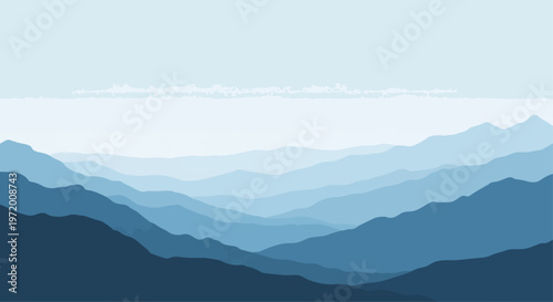 Abstract landscape depiction with layered mountain ranges in shades of blue