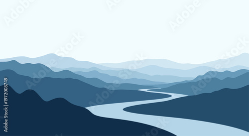 Abstract illustration of mountain range and river flowing through valleys