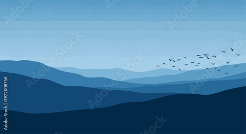 Abstract landscape with flying birds over blue mountains