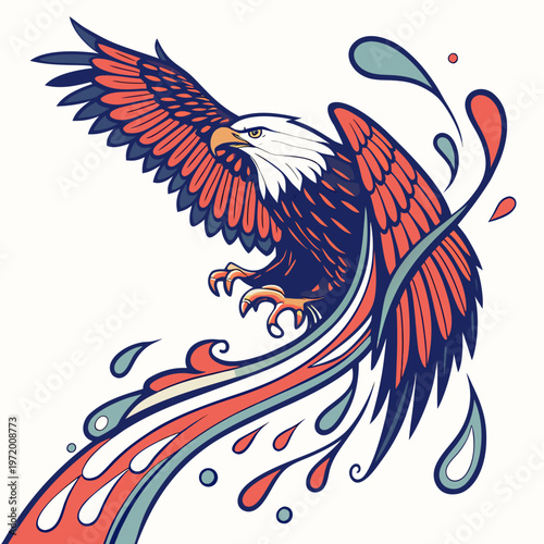 Billede på lærred Eagle flying above water splash in traditional tattoo art style with bald head and red wings isolated on white background for creative design work