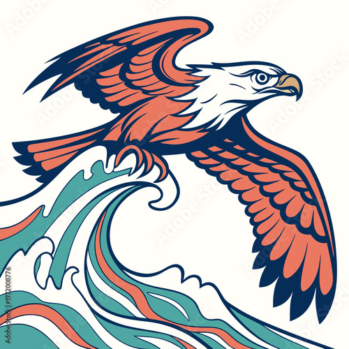 Majestic eagle soaring over stylized waves, graphic illustration with bold orange, teal, and navy blue colors, dynamic motion and striking visual appeal, suitable for aquatic themes.