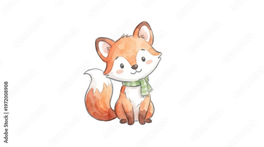 Fototapeta premium Cute Cartoon Fox with Green Scarf and Playful Expression