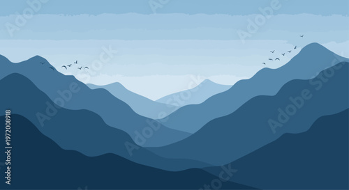 Abstract layered mountain range landscape illustration in shades of blue