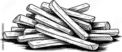 Hand Drawn Pile of French Fries White Background Isolated food potato