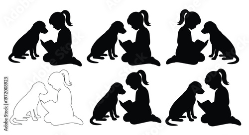 Child and Dog Silhouettes, a collection of 8 vector illustrations depicting children reading to their pet dogs, perfect for educational materials or pet care branding.