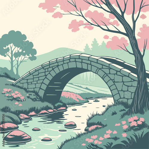 Stone arched bridge over a stream in a beautiful spring landscape with cherry blossom trees and green hills.