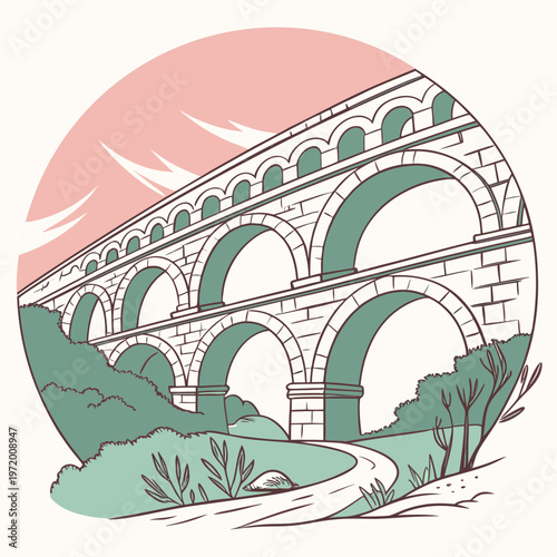 Double-tiered Roman aqueduct with numerous arches curves over green hillsides and path under pink sky.