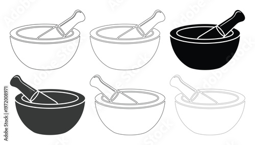 Mortar and Pestle Vector Set, Traditional Grinding Tools, Pharmacy and Herbal Medicine Equipment, Kitchen Utensil Collection for Culinary and Scientific Use