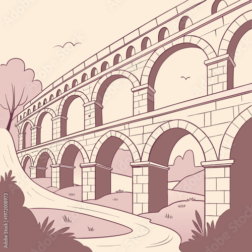 Ancient roman aqueduct bridge in a rural landscape, architecture sketch with trees and birds, vintage style illustration.