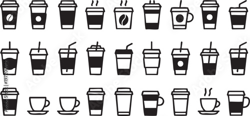 Coffee shop icon pack with takeaway beverage and menu symbols