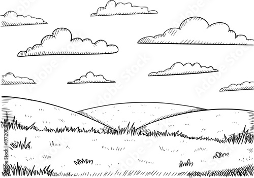 Hand drawn of rolling grassy hills under a cloudy sky nature landscape