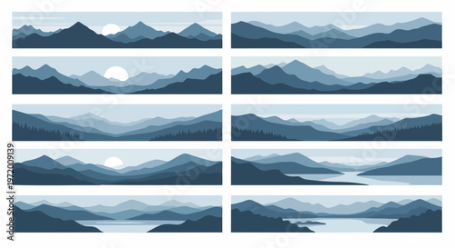Mountain landscape illustrations set vector backgrounds scenes nature scenery