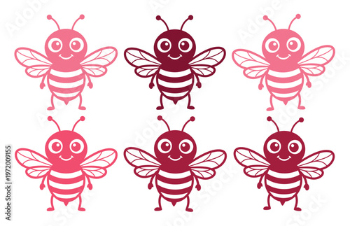 Cute bee vector illustration set, six adorable cartoon honeybees in pink and maroon, charming insect graphic for children's designs and nature themes, isolated on white.