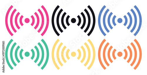 Vibrant Wi-Fi signal icons, a modern vector collection of six colorful wireless network symbols. Digital communication and connectivity graphics for technology and internet-related designs.