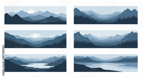 Mountain landscapes vector illustrations of scenic vistas in blue tones