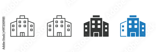 Four stylized buildings with varying architectural designs and heights isolated on white background, Vector, illustration