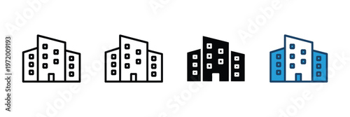 Series of four modern apartment buildings with varying heights and window designs isolated on white background, Vector, illustration