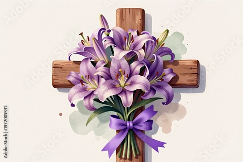 A cross with purple flowers on a white background