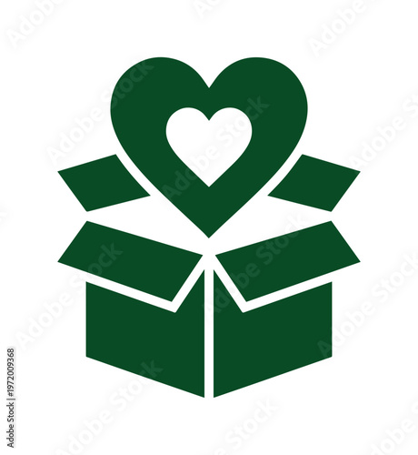 Green heart in open box vector icon, a symbol of charity, donation, and gift-giving. Simple graphic for generosity, love, and community support.
