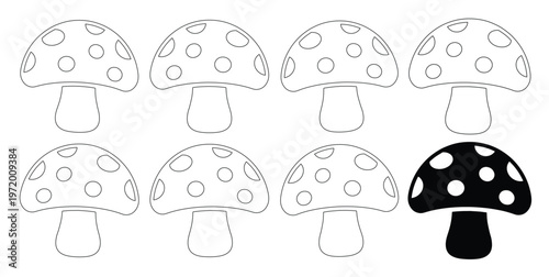 Black and white mushroom vector set, eight outline fungi illustrations, whimsical forest toadstool collection, nature-inspired graphic resource for design projects