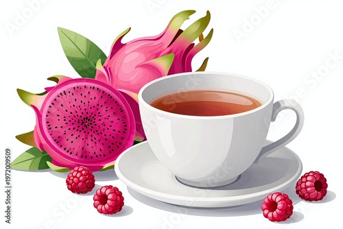 A cup of tea and a dragon fruit on a plate