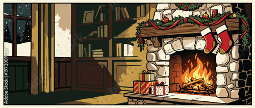 Christmas Fireplace Scene with Holiday Decorations