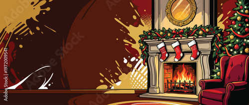 Christmas Fireplace Scene with Red Stockings and Festive Decorations
