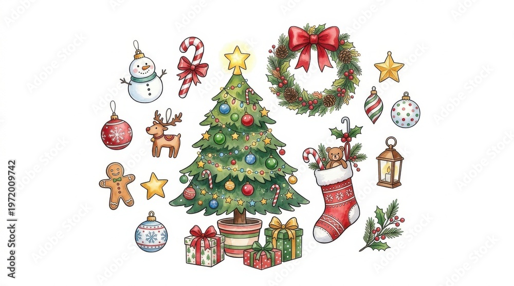 Naklejka premium Colorful Christmas Decorations Including Tree, Ornaments, and Gifts