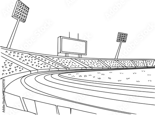 Outline of a stadium with running track and floodlights for sports events competition