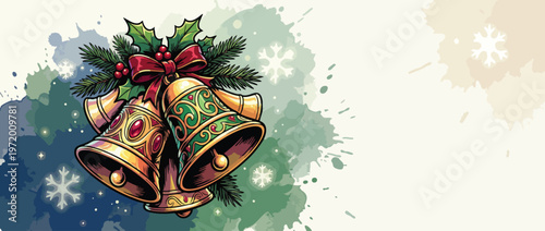 Christmas Holiday Greeting with Beautiful Bells and Holly Illustration
