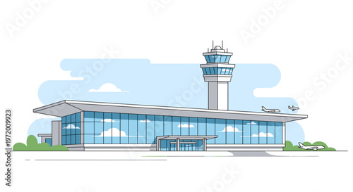 Modern airport terminal building with a prominent air traffic control tower and parked airplanes under a clear sky, rendered in a clean line art illustration style.