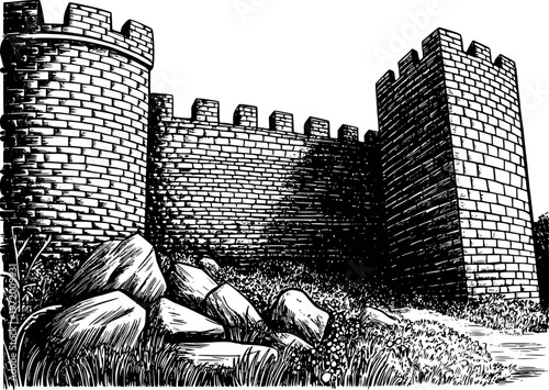 Medieval Stone Castle Fortress Towers and Walls with Rocky Ground and Grass