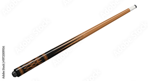 Billiard Cue Stick with Ornate Black and Gold Design on White Background